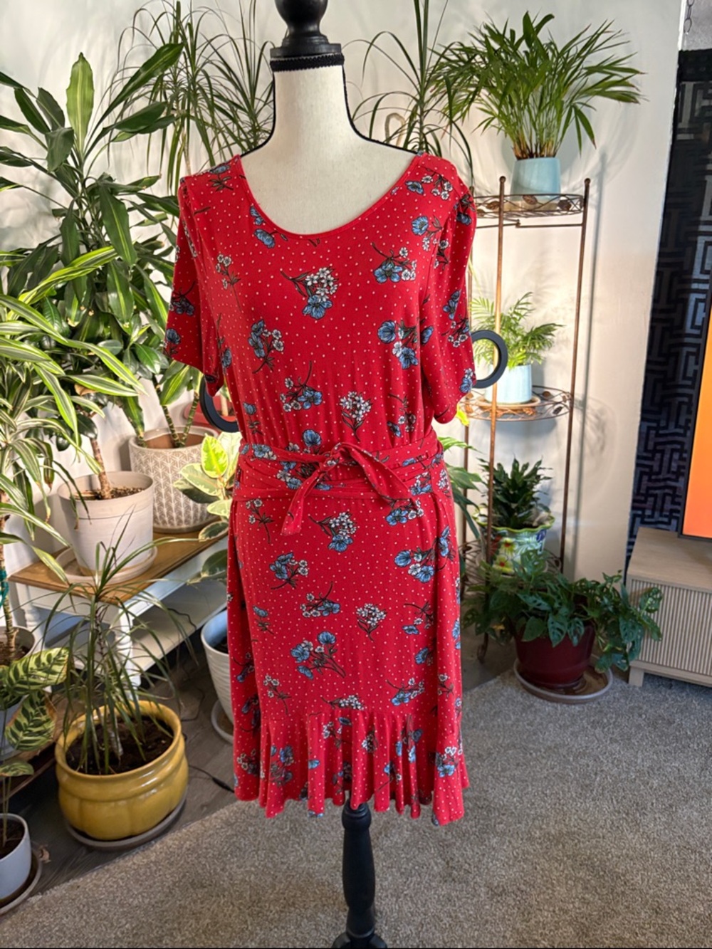 ASOS Red Floral Tie-Waist Midi Dress